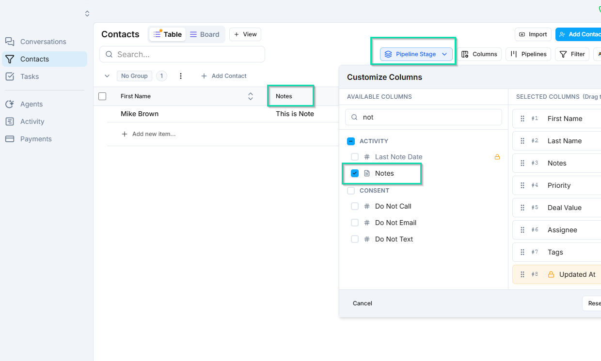 Where Notes Appear - Contacts